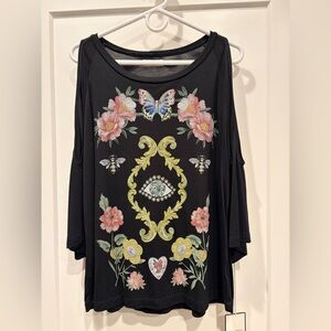 Lauren Moshi Black Top with Floral and Butterfly Design